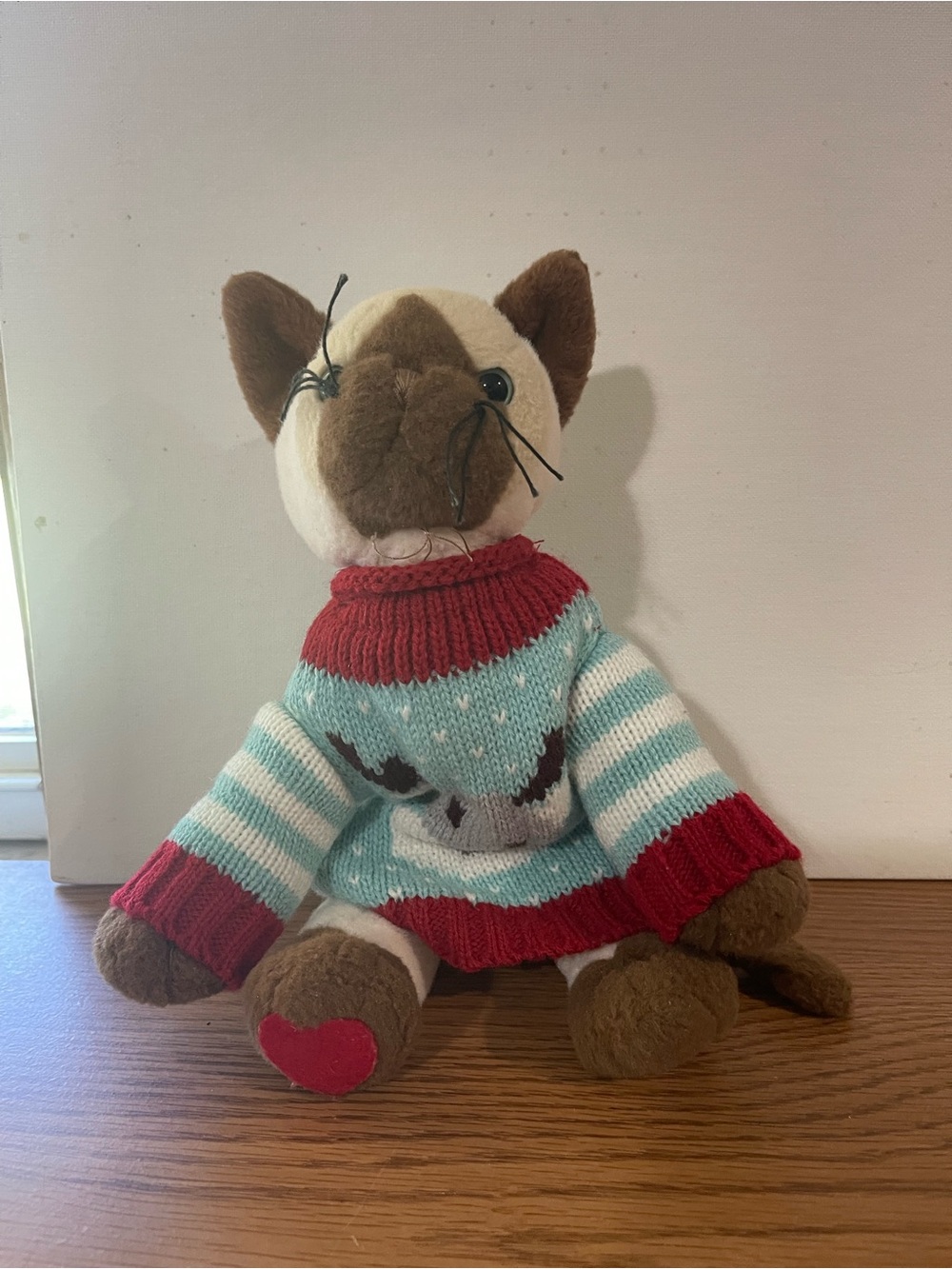 GANZ Brown & Cream Plush Cat in Blue and Red Sweater